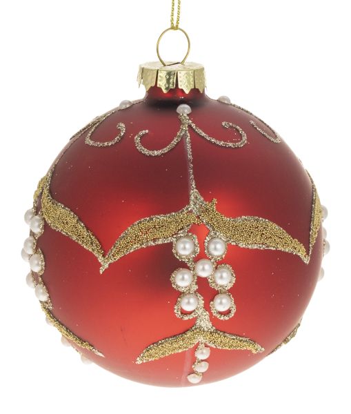 Joulukuusenkoriste lasipallo punainen helmillä