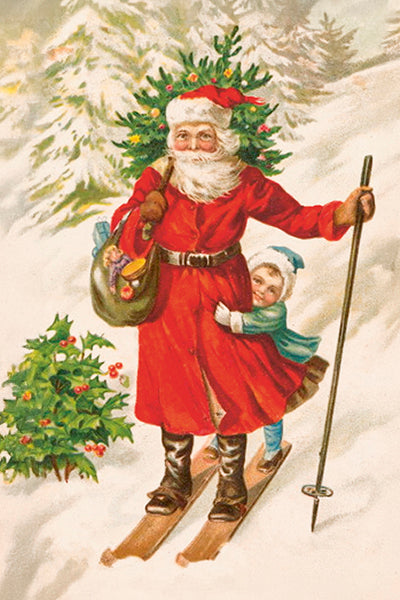 Vintage joulukortti Joulupukki suksilla