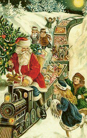 Vintage pakettikortti Joulupukki ja lahjajuna